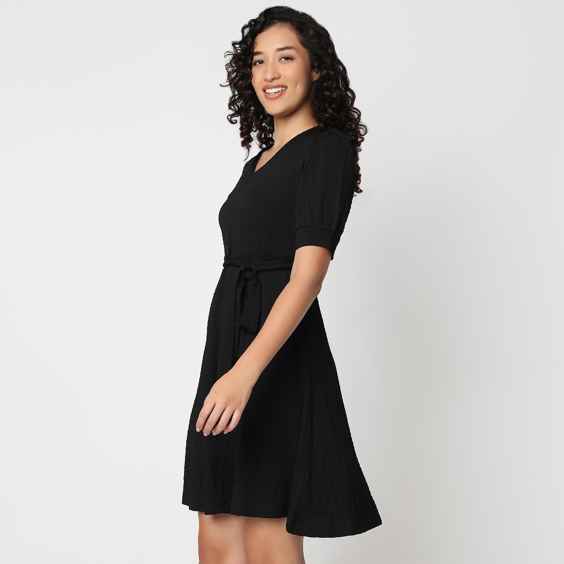 Betty V-Neck Short Dress with Belt Detail At Waist