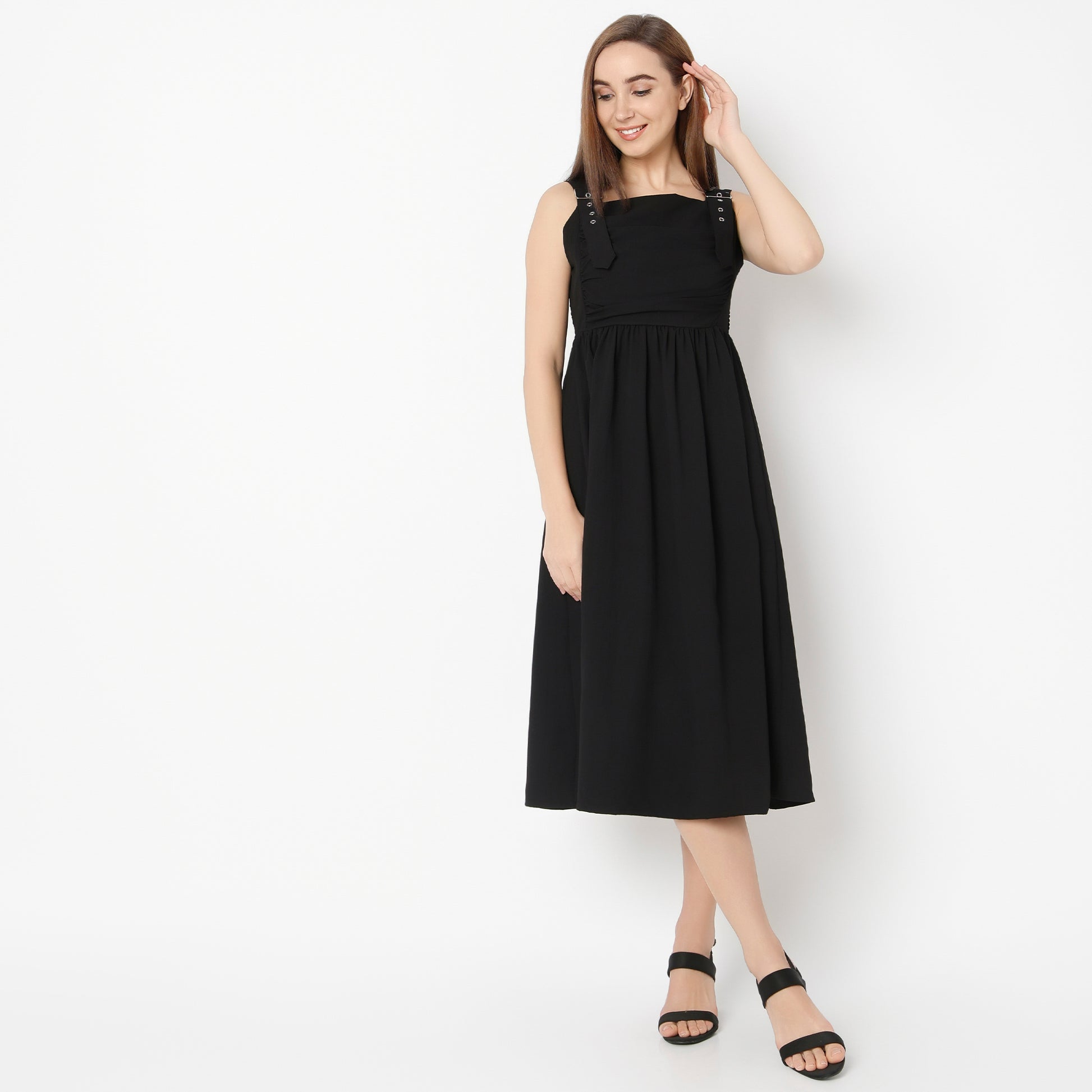 Flare Fit Solid Square Neck Dress