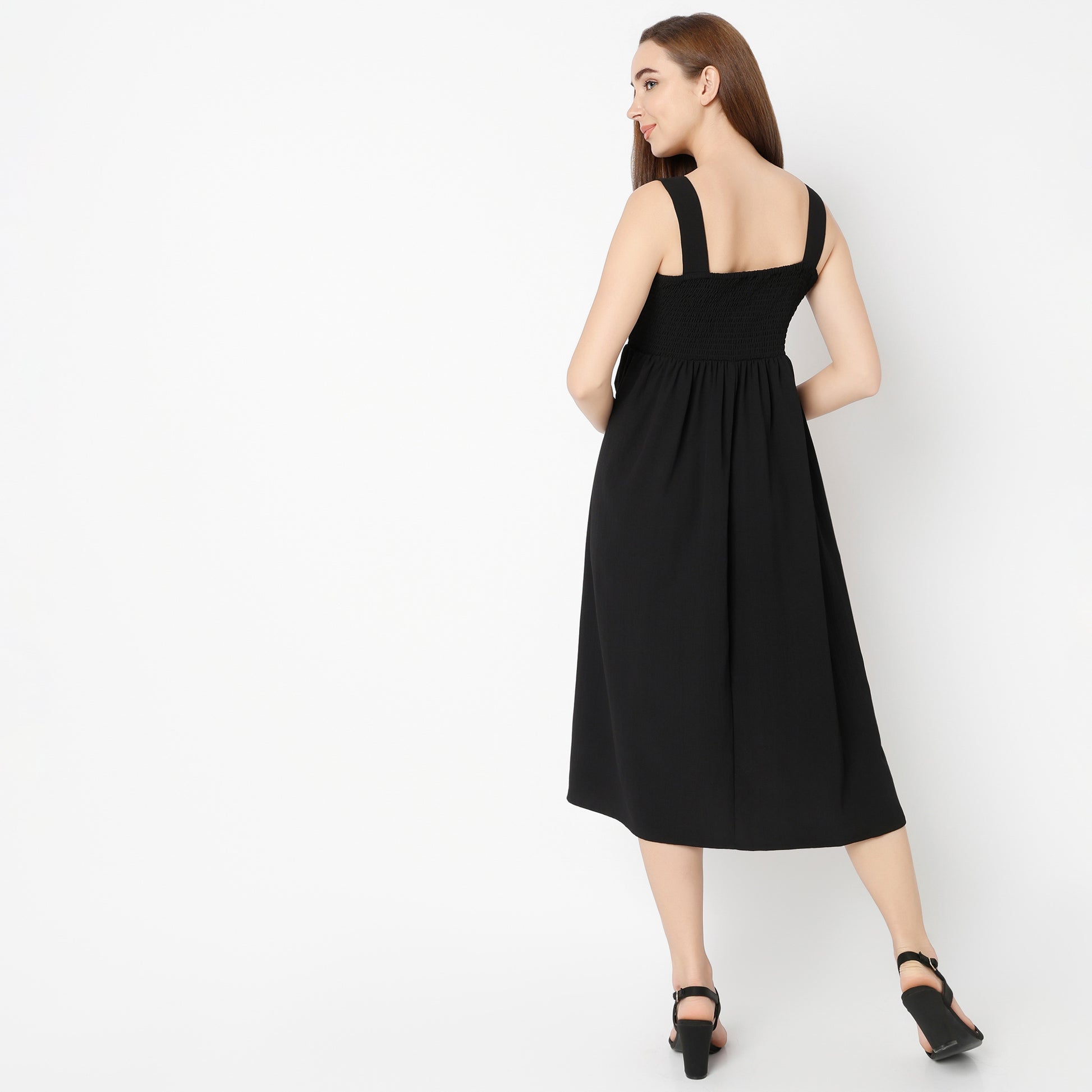 Flare Fit Solid Square Neck Dress