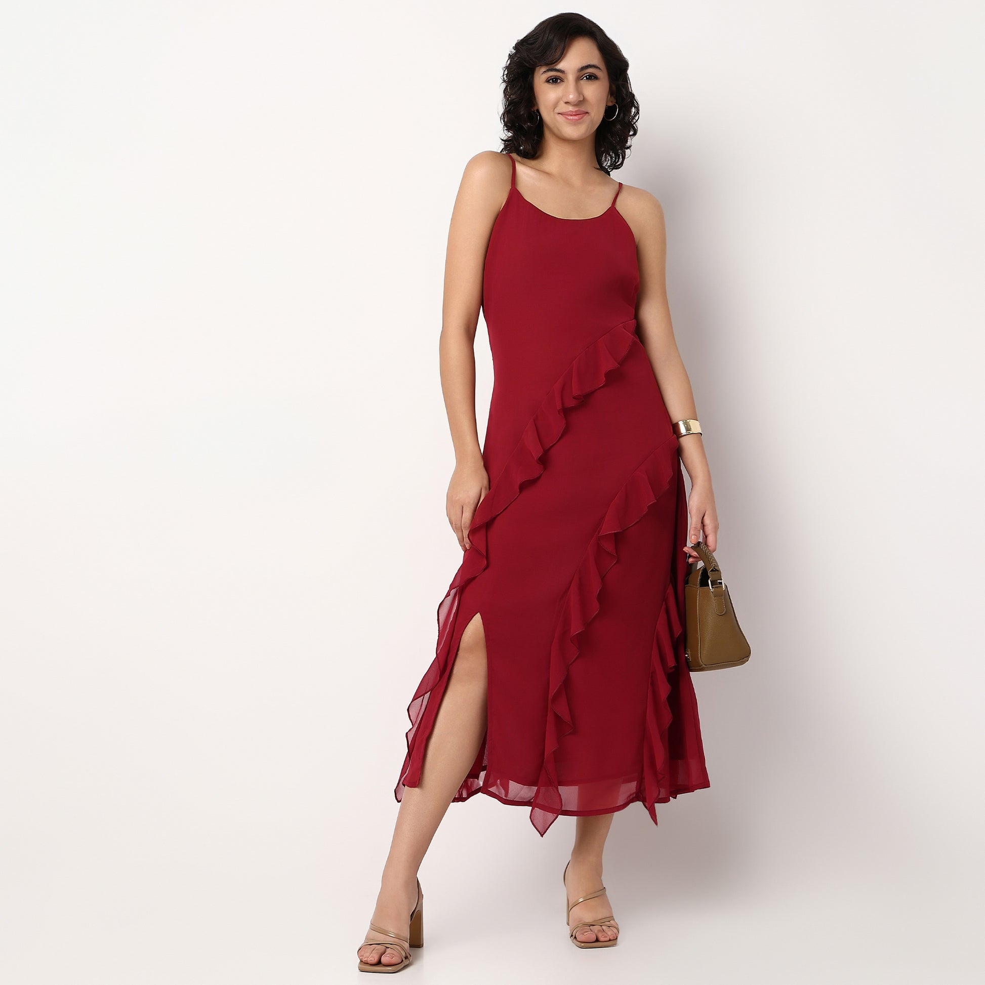 Scoop Neck Flared Strapy Dress With Ruffle Detail