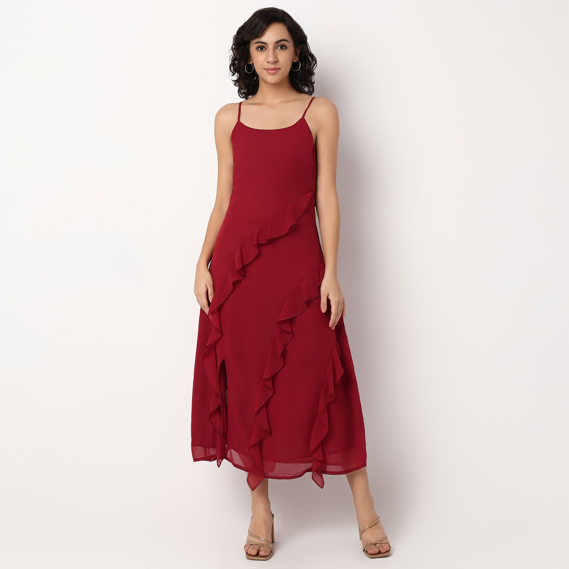 Scoop Neck Flared Strapy Dress With Ruffle Detail