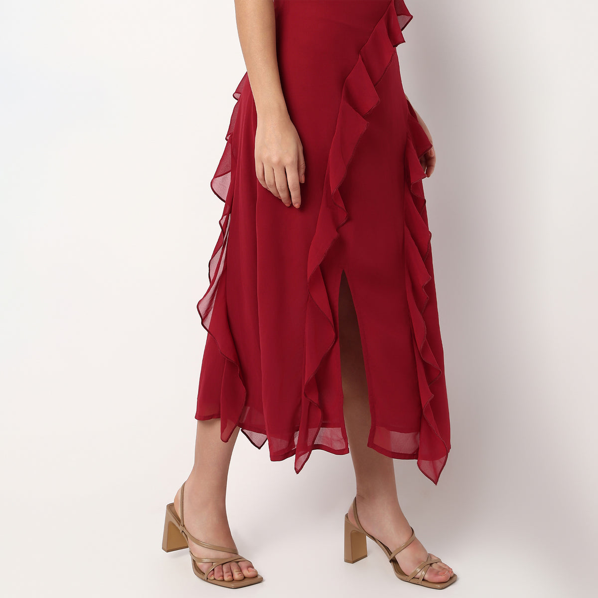 Scoop Neck Flared Strapy Dress With Ruffle Detail