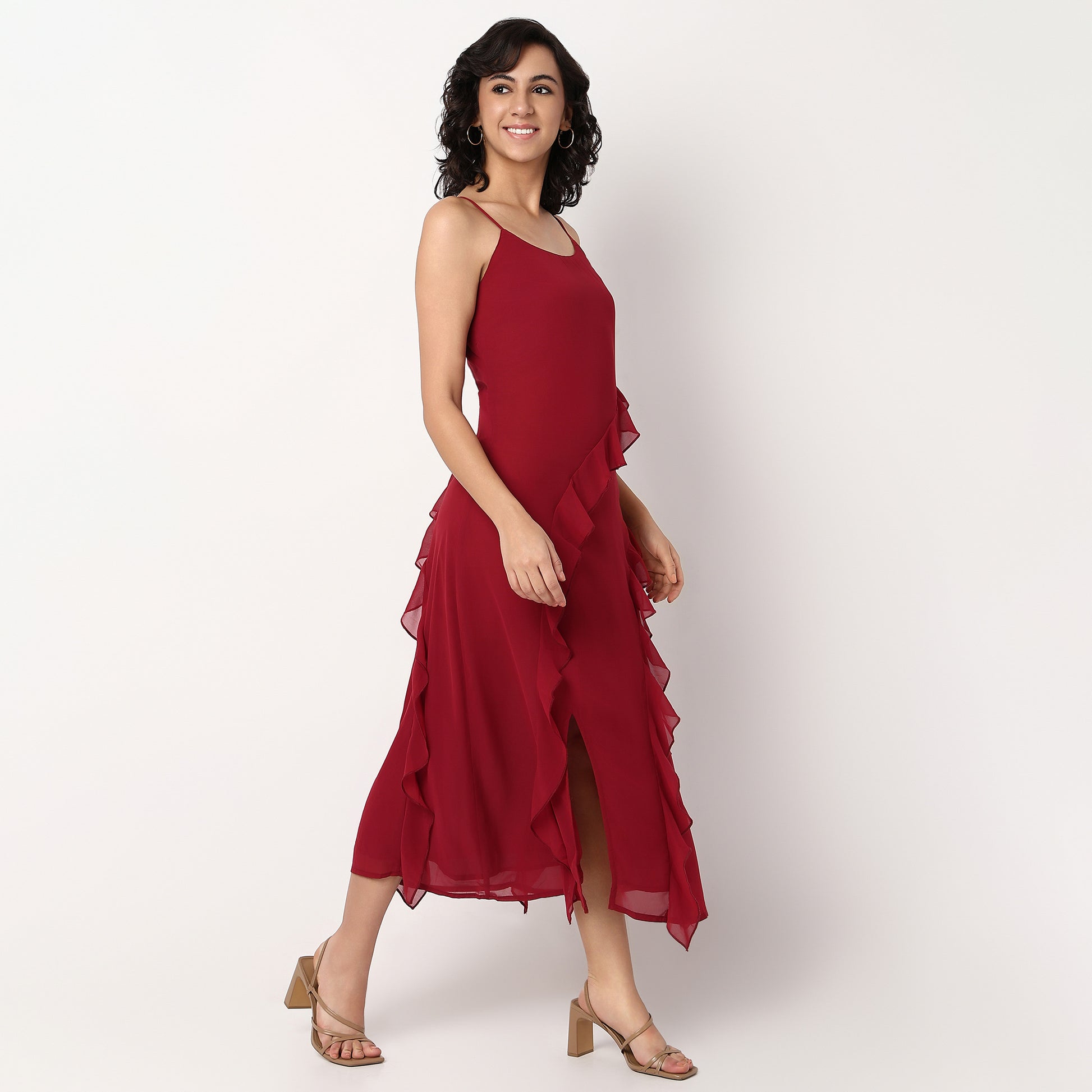 Scoop Neck Flared Strapy Dress With Ruffle Detail