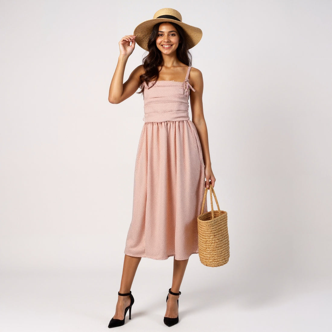 All Over Polka Print Dress and Strap Detail On Sleeve
