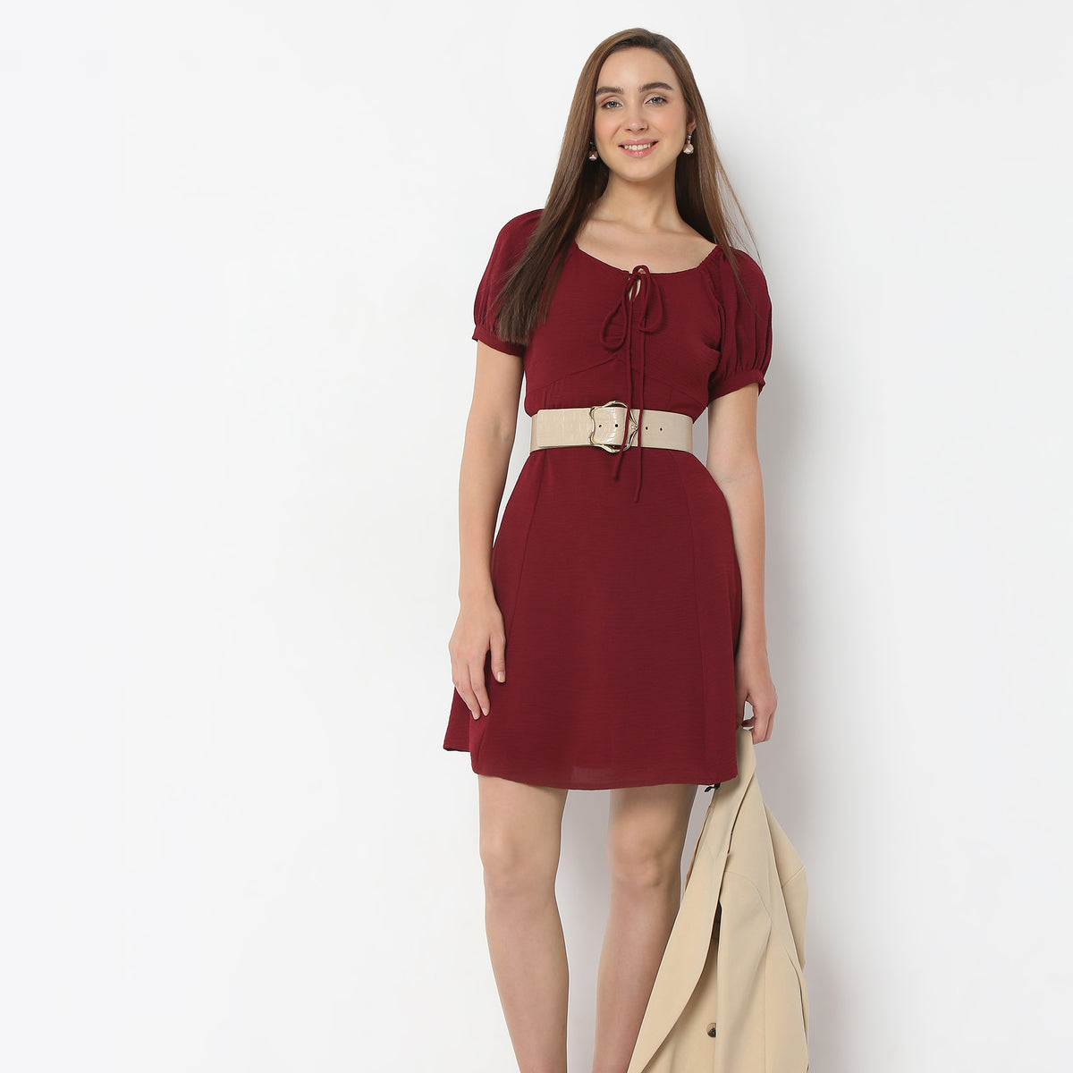 Regular Fit Solid Square Neck Above Knee Dress