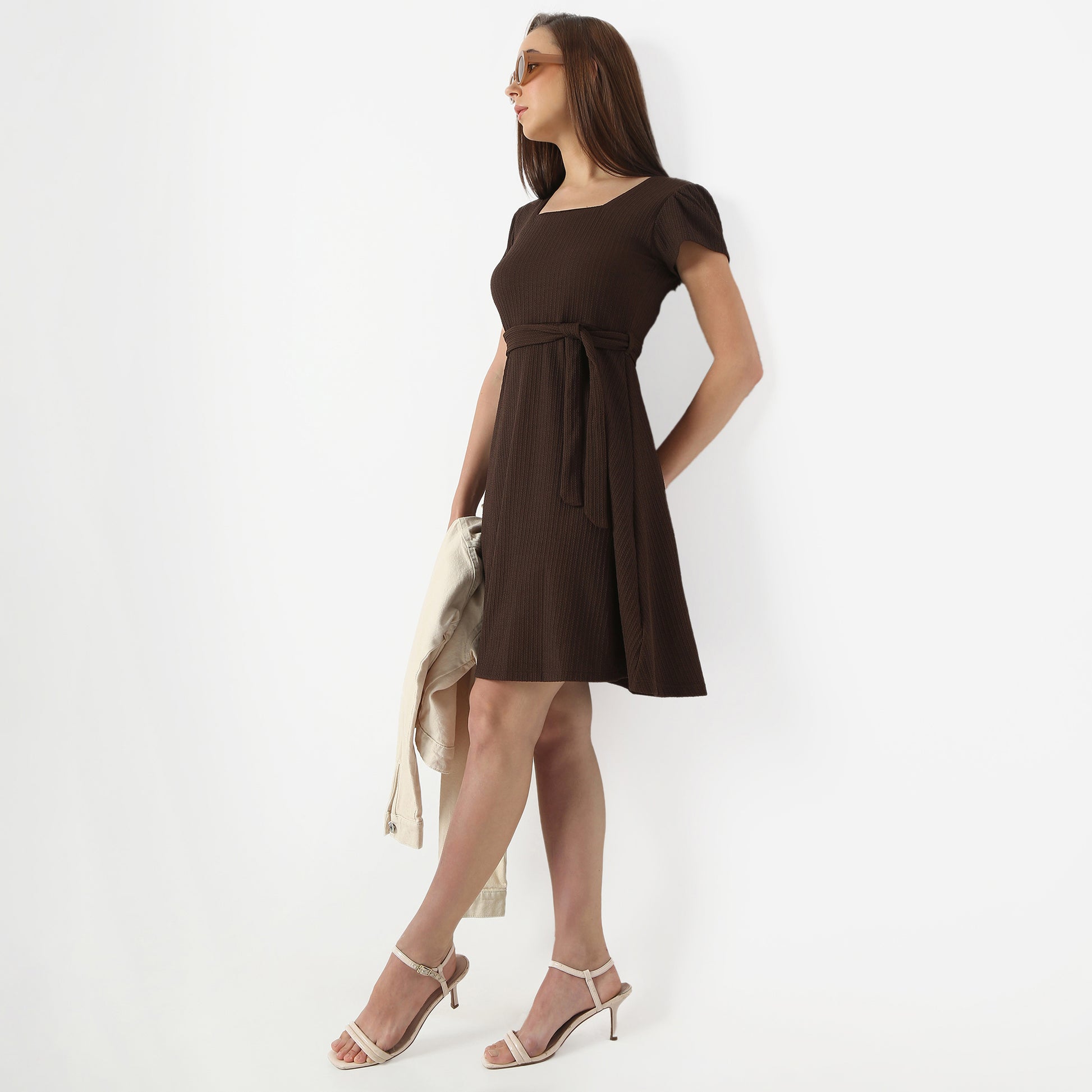 Flare Fit Solid Square Neck Above Knee Dress