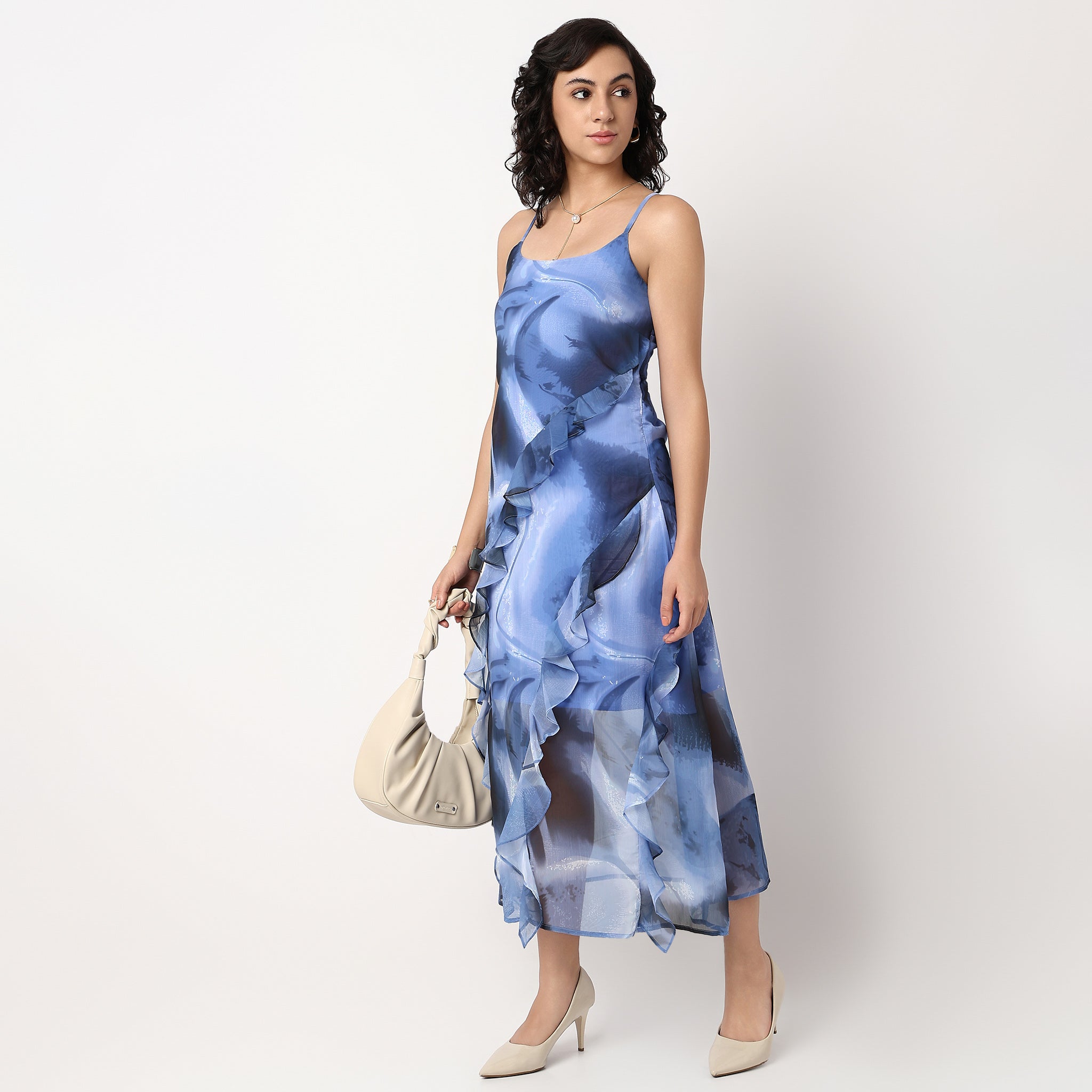 Abstract Print Flared A-Line Ruffle Detail Maxi Dress