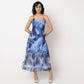 Abstract Print Flared A-Line Ruffle Detail Maxi Dress
