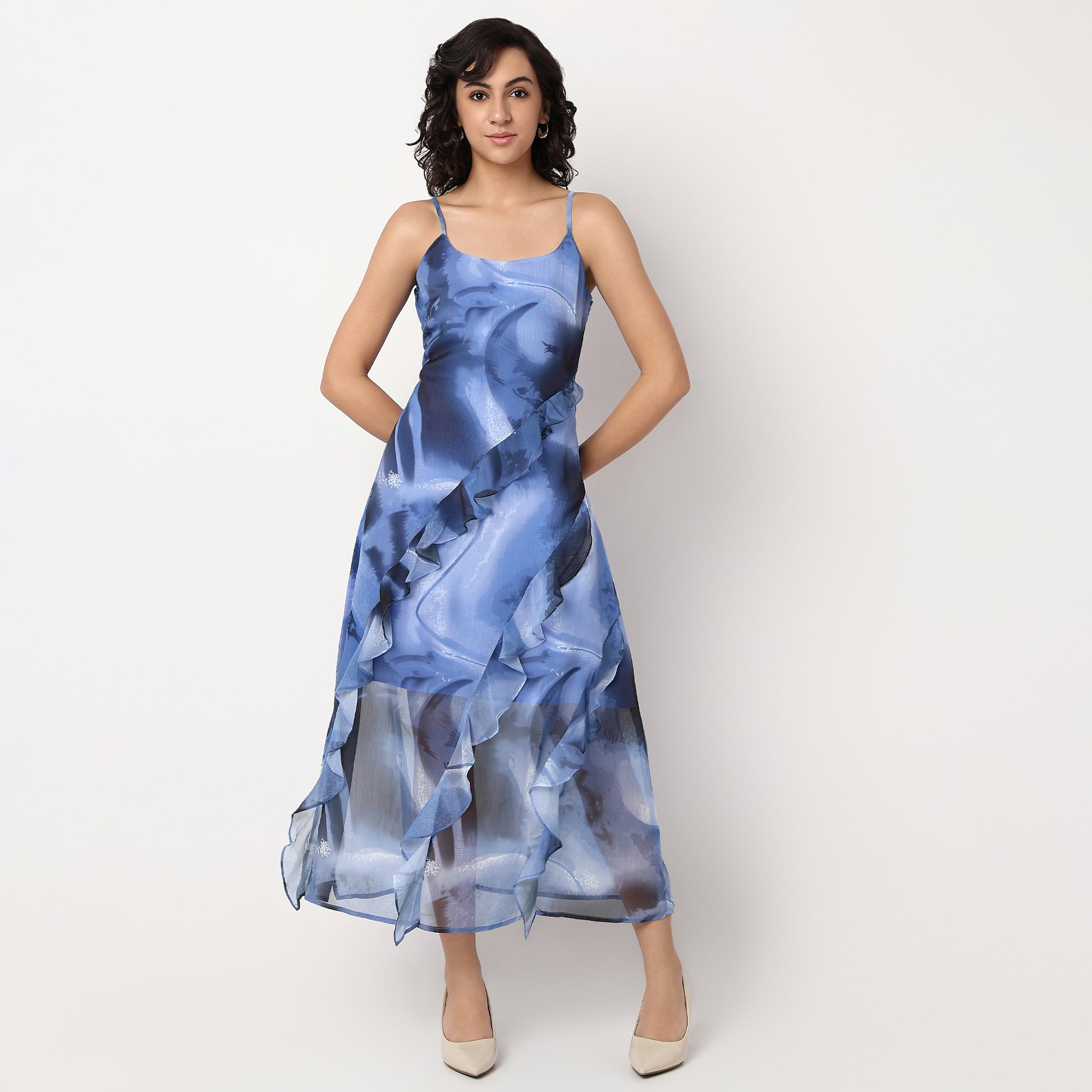 Abstract Print Flared A-Line Ruffle Detail Maxi Dress