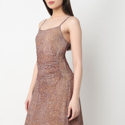Off Shoulder Animal Print Mesh Dress