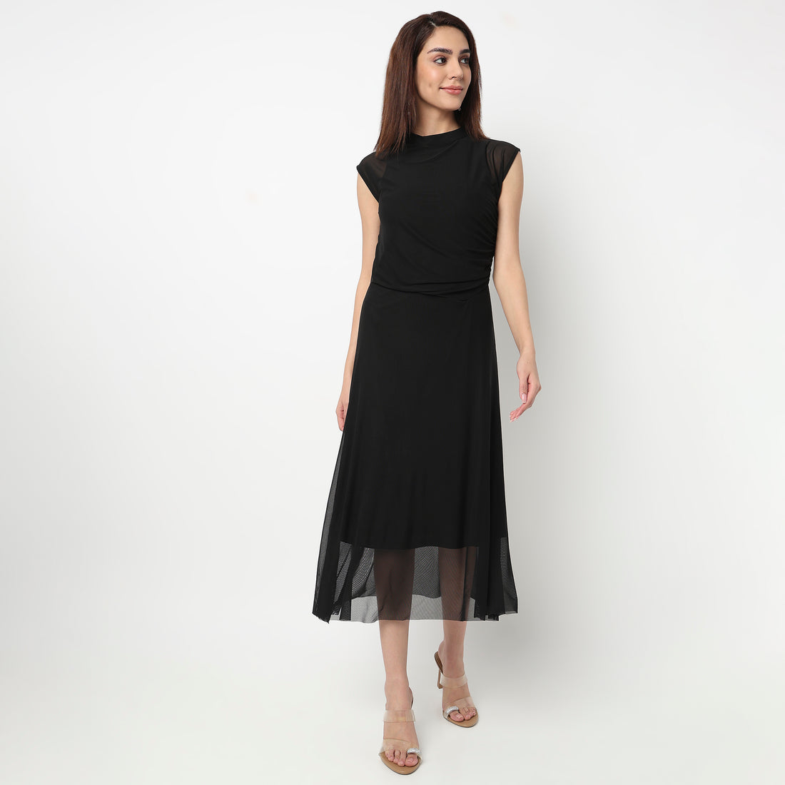 High Neck Mesh Dress With Handkerchief Hem