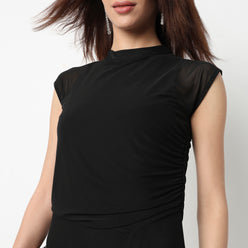 High Neck Mesh Dress With Handkerchief Hem