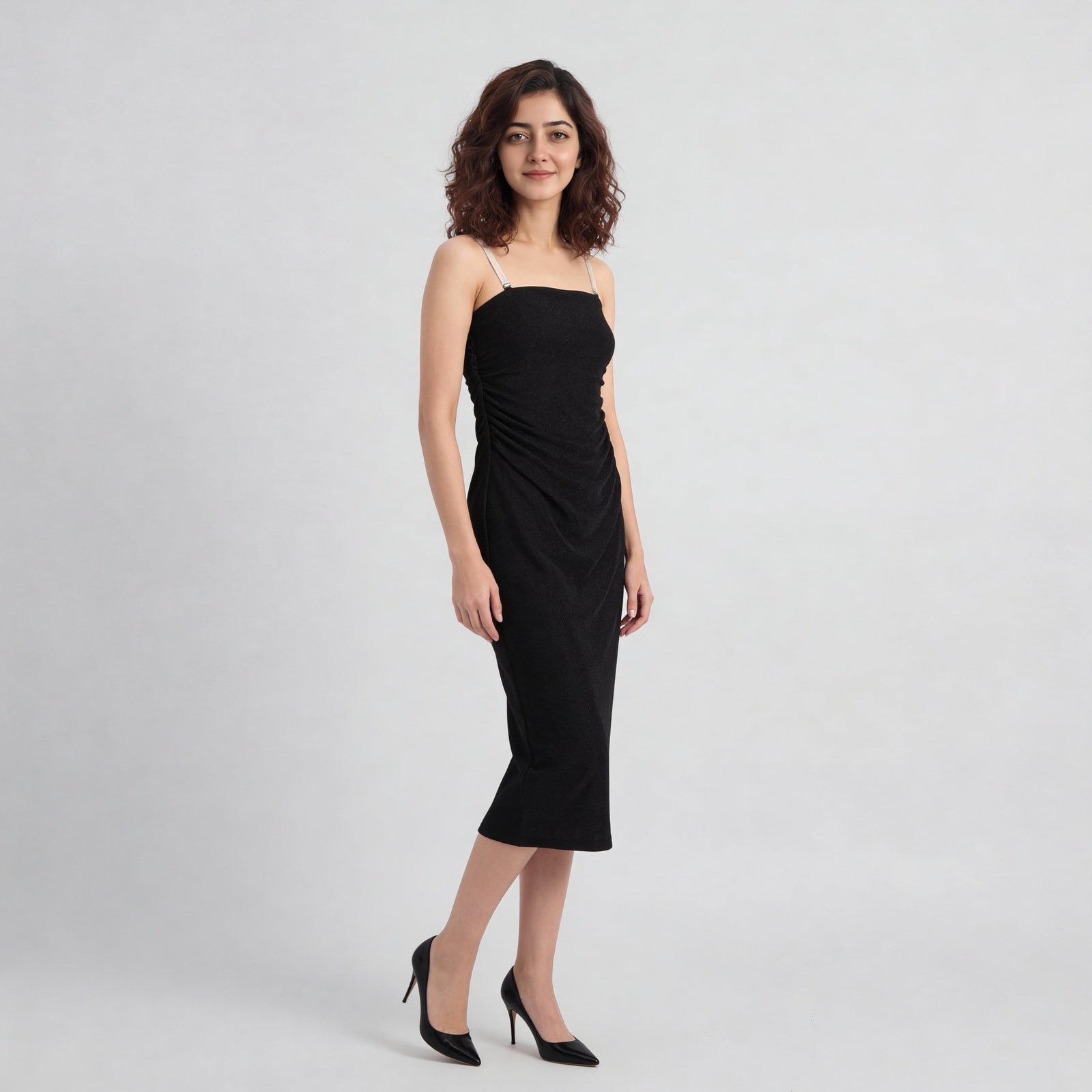 Square Neck Ruched Tube Dress With Detachable Straps