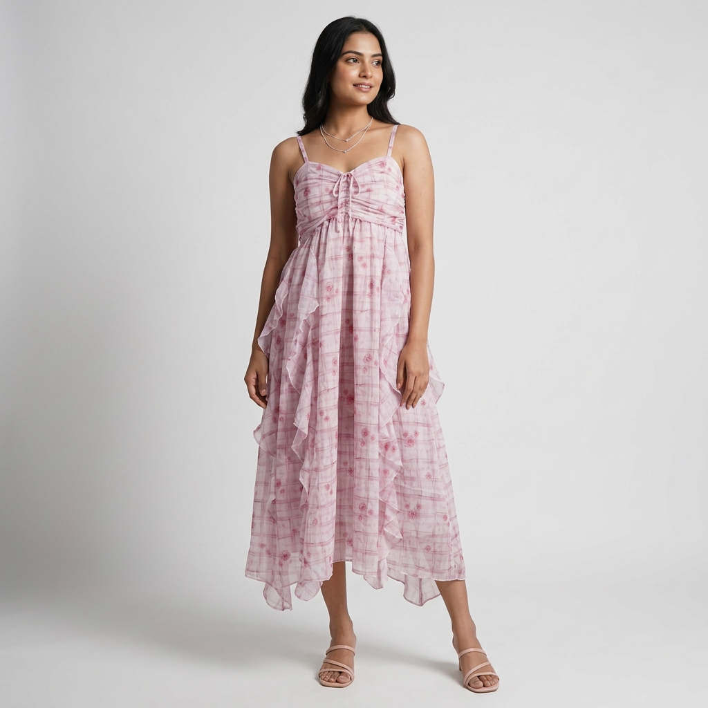 Solid Multi Layered Dress with Printed Fabric