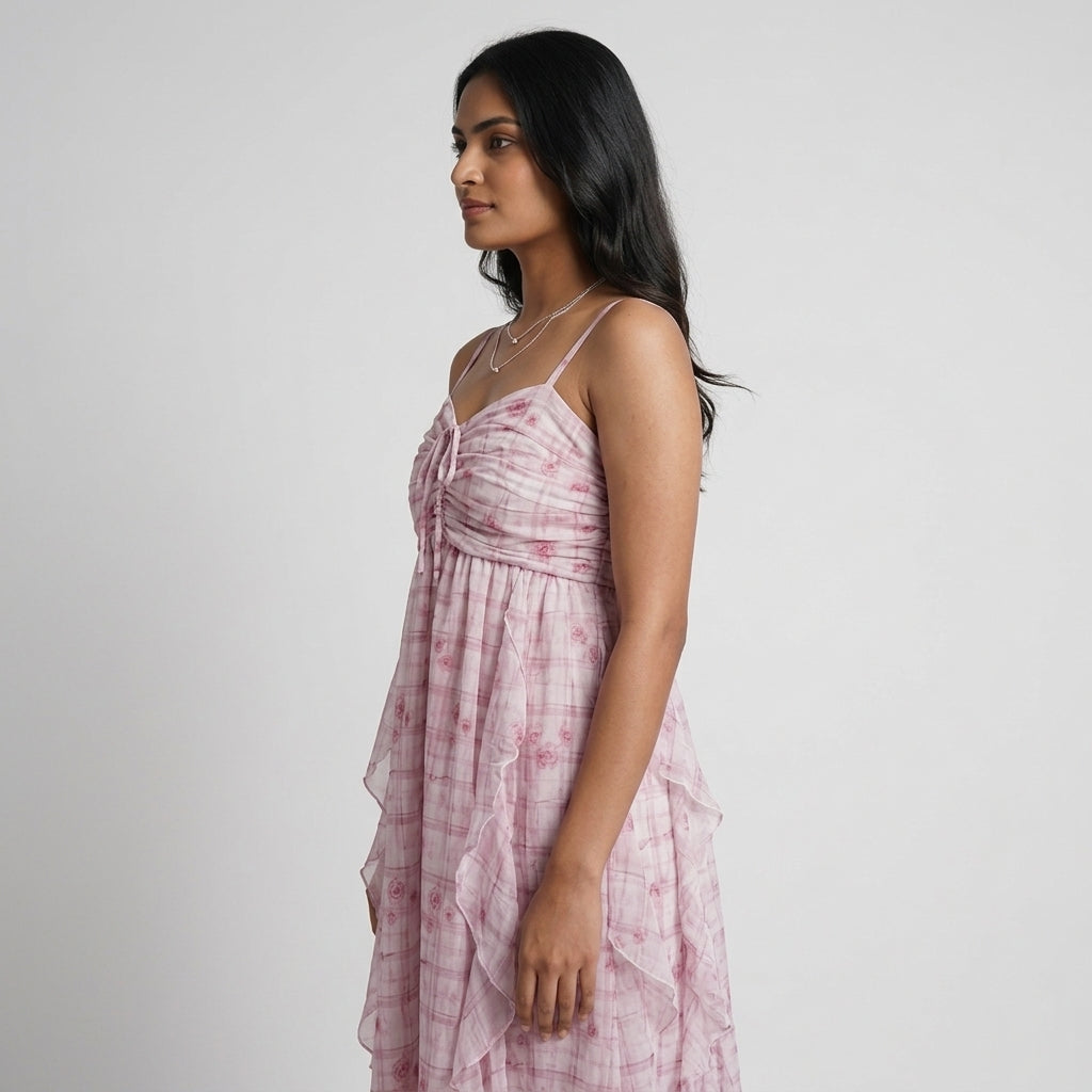 Solid Multi Layered Dress with Printed Fabric