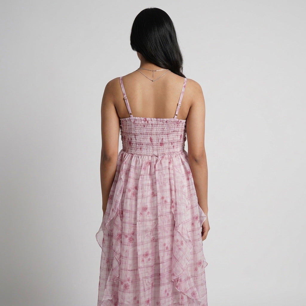 Solid Multi Layered Dress with Printed Fabric