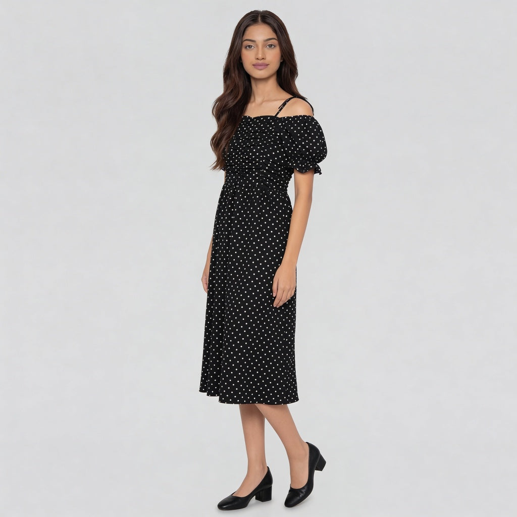 Floral Off Shoulder Dress With Polka Print Detail