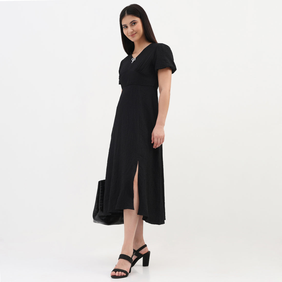 V-Neck Textured Flare Dress With Pearl Bow