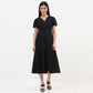 V-Neck Textured Flare Dress With Pearl Bow
