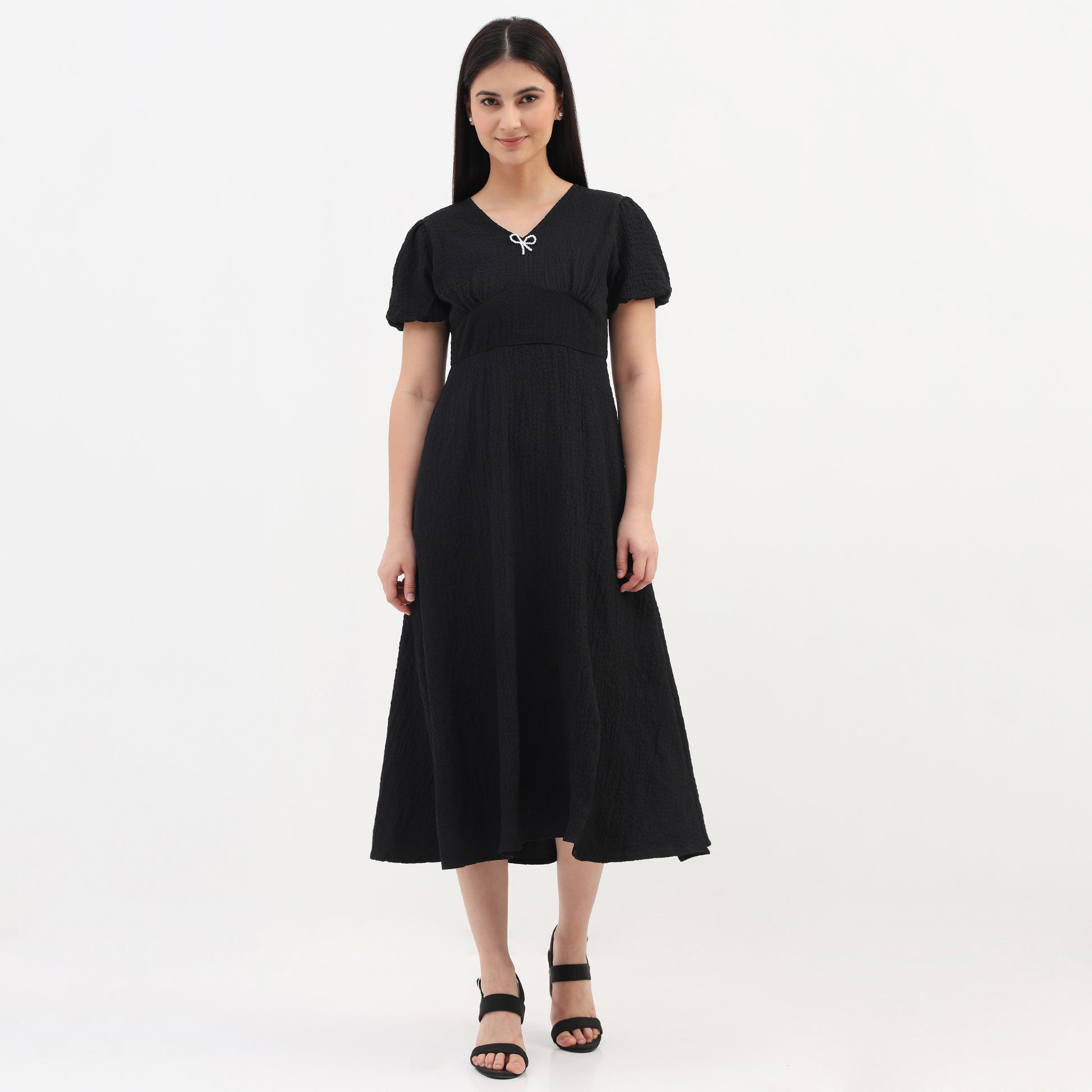 V-Neck Textured Flare Dress With Pearl Bow