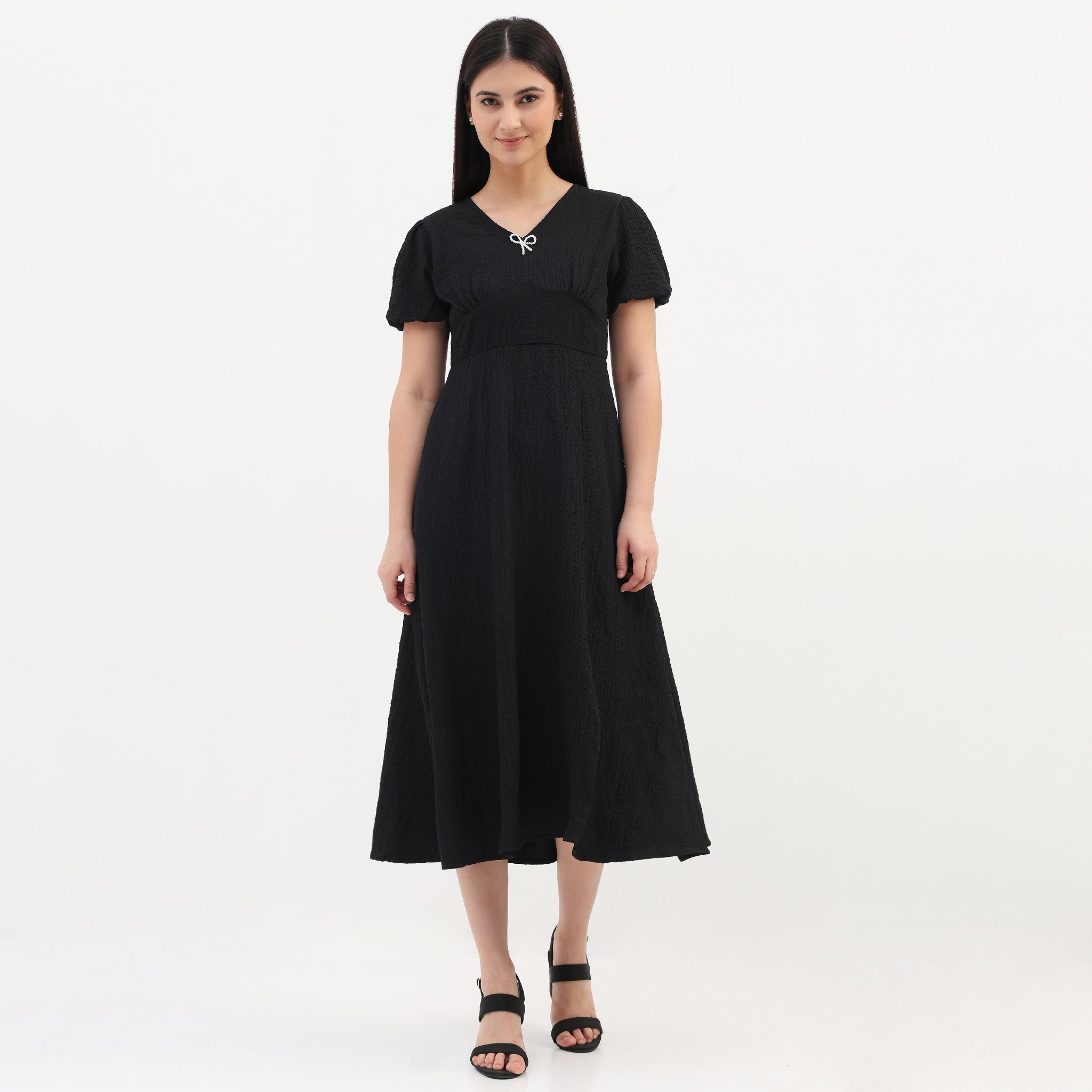 V-Neck Textured Flare Dress With Pearl Bow