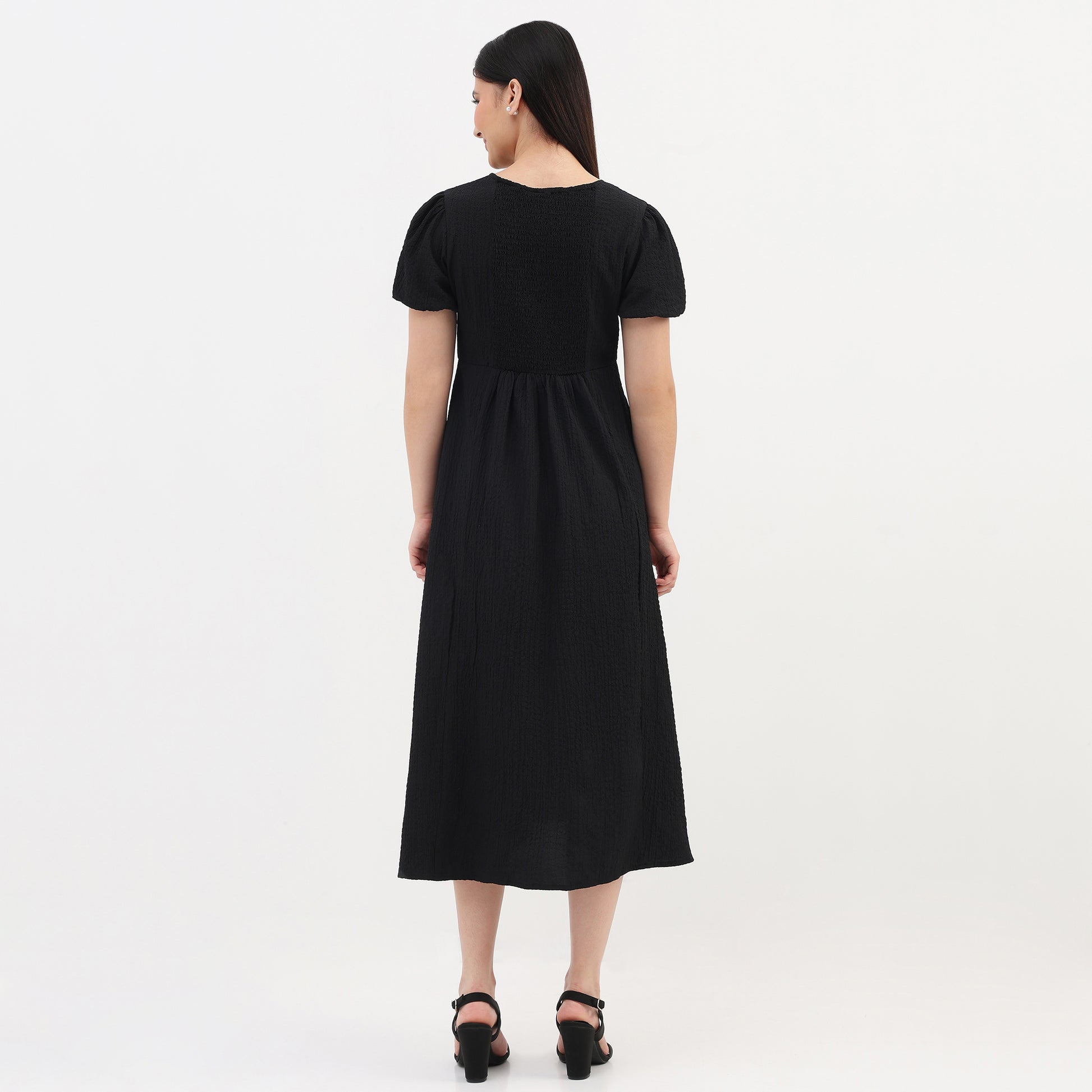 V-Neck Textured Flare Dress With Pearl Bow