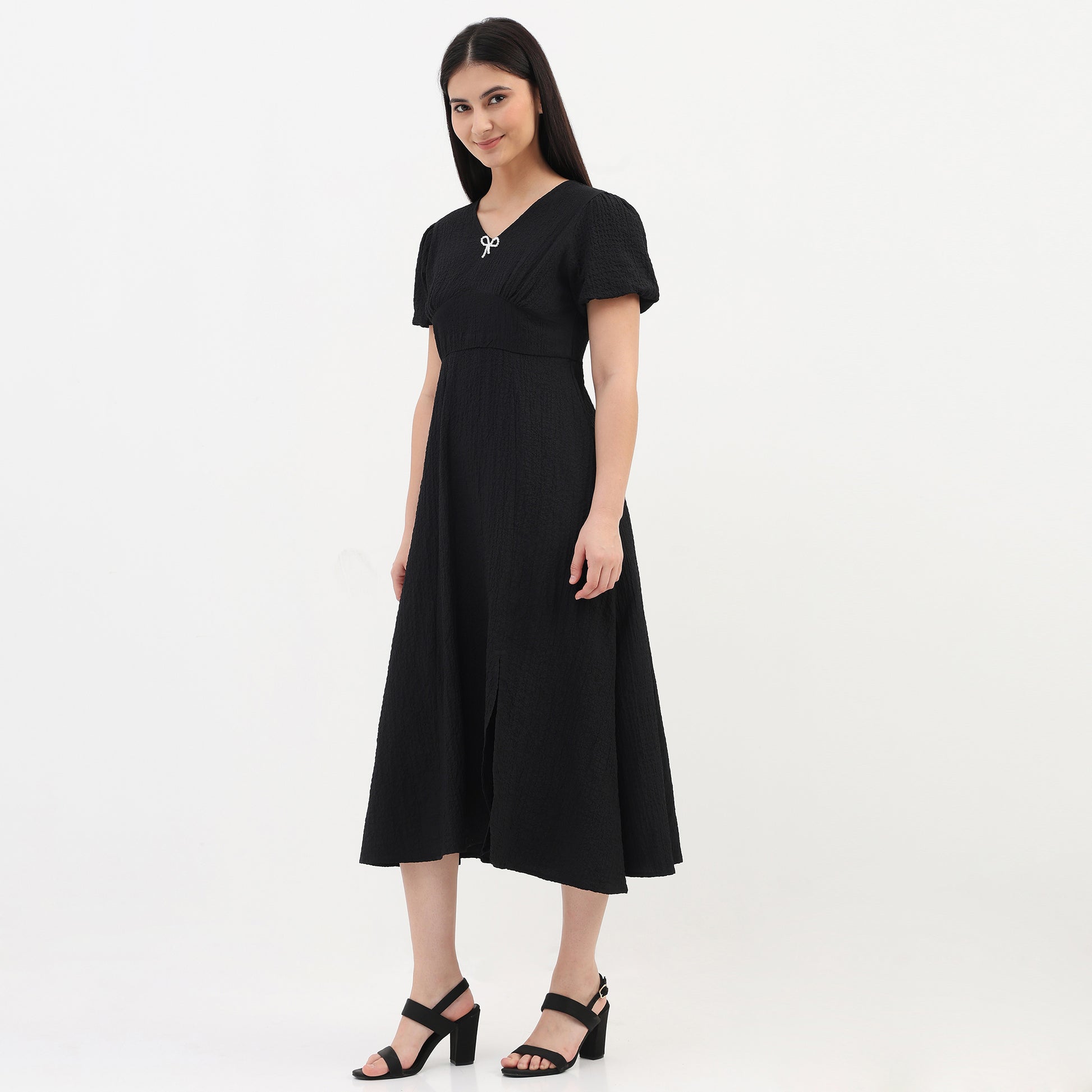V-Neck Textured Flare Dress With Pearl Bow