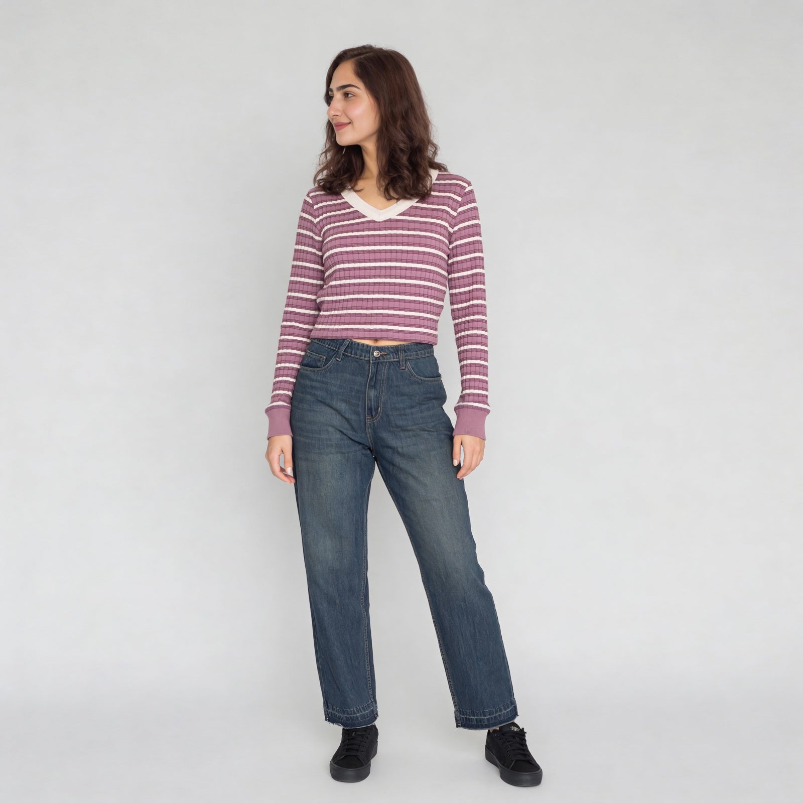 V-Neck Striped Cropped T-Shirt