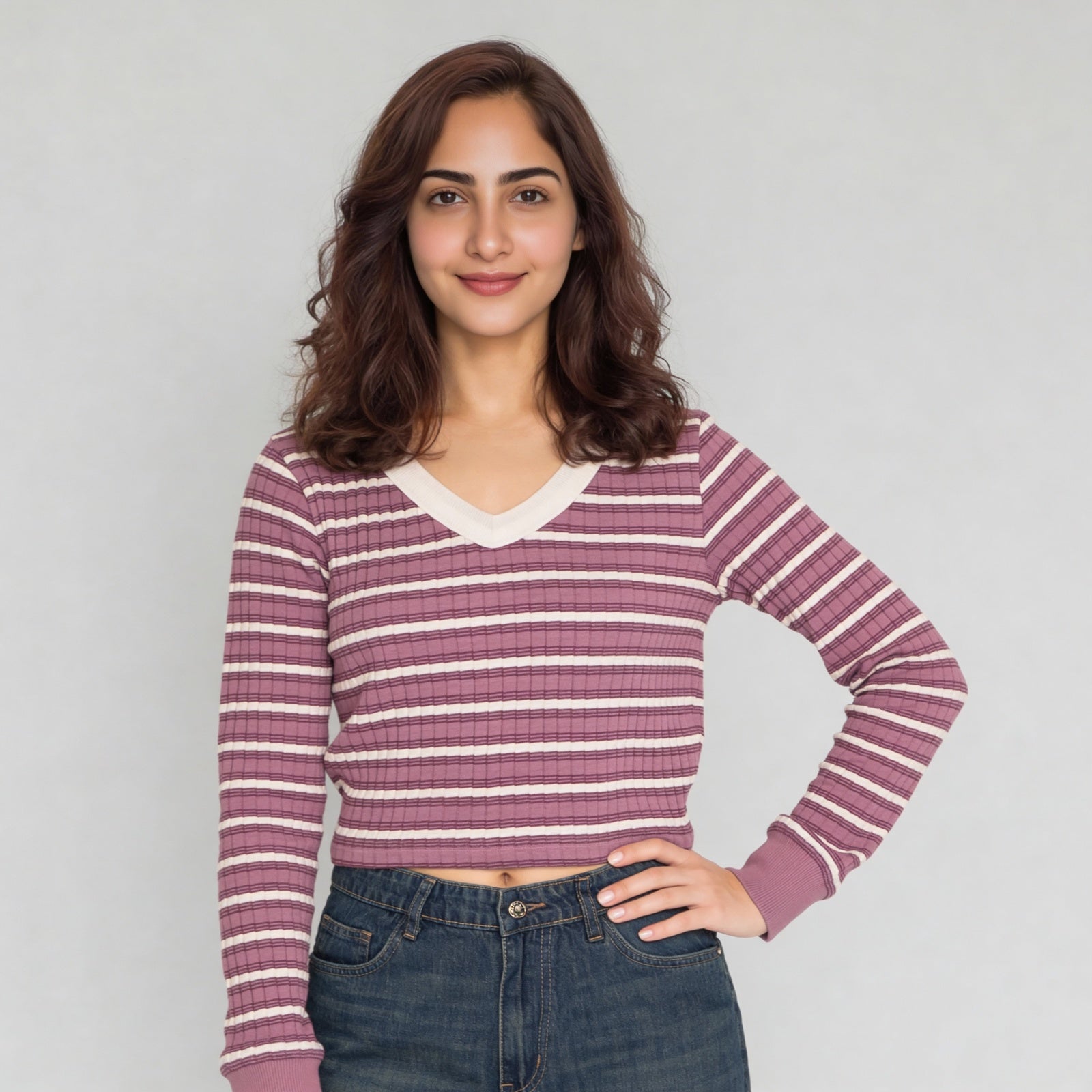 V-Neck Striped Cropped T-Shirt