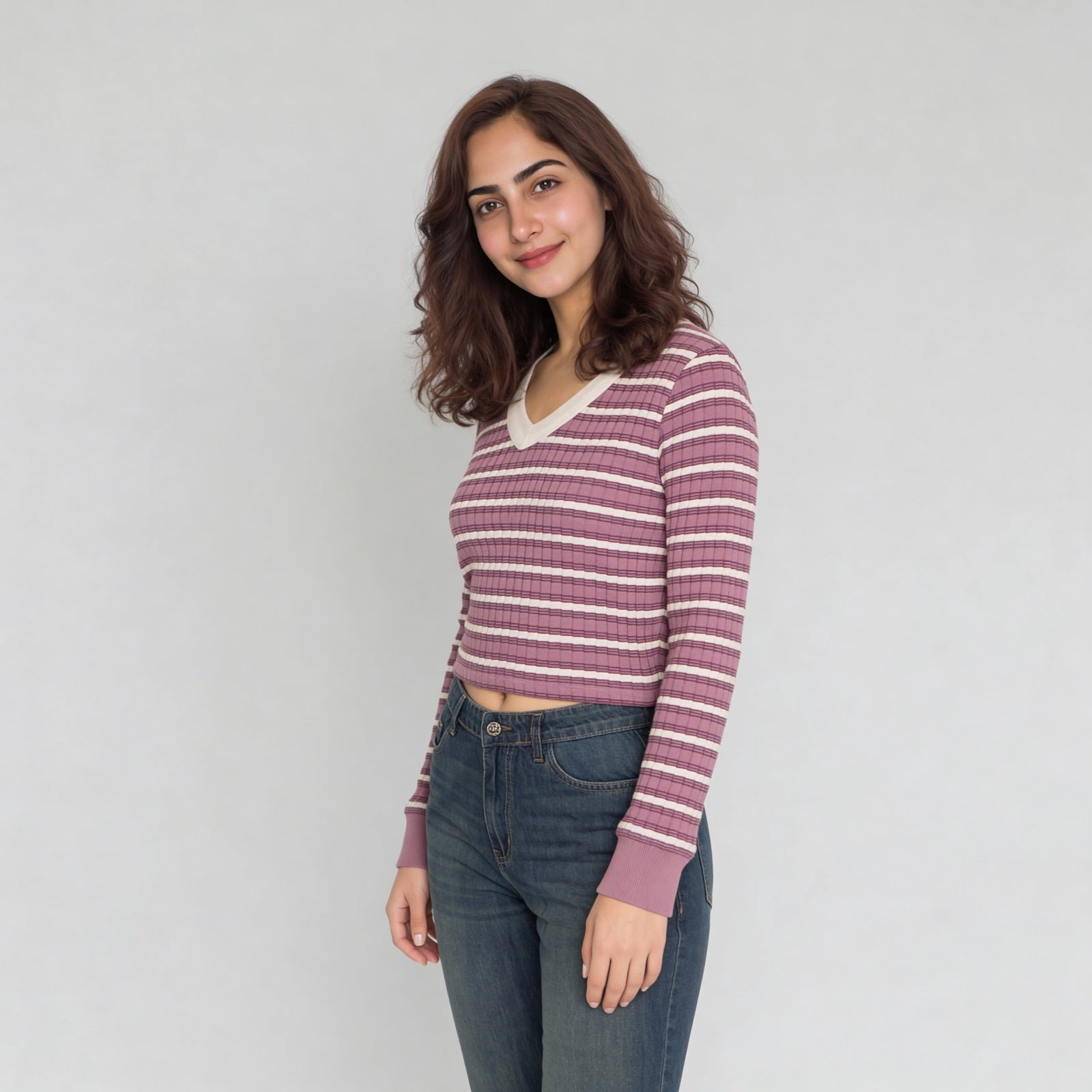 V-Neck Striped Cropped T-Shirt