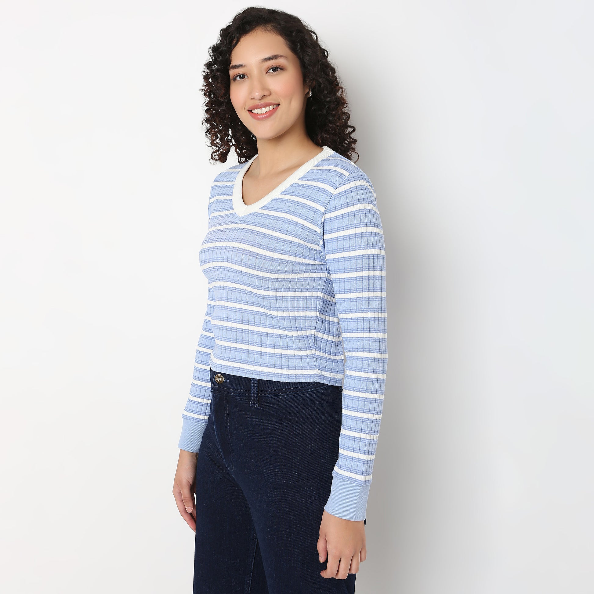 V-Neck Striped Cropped T-Shirt