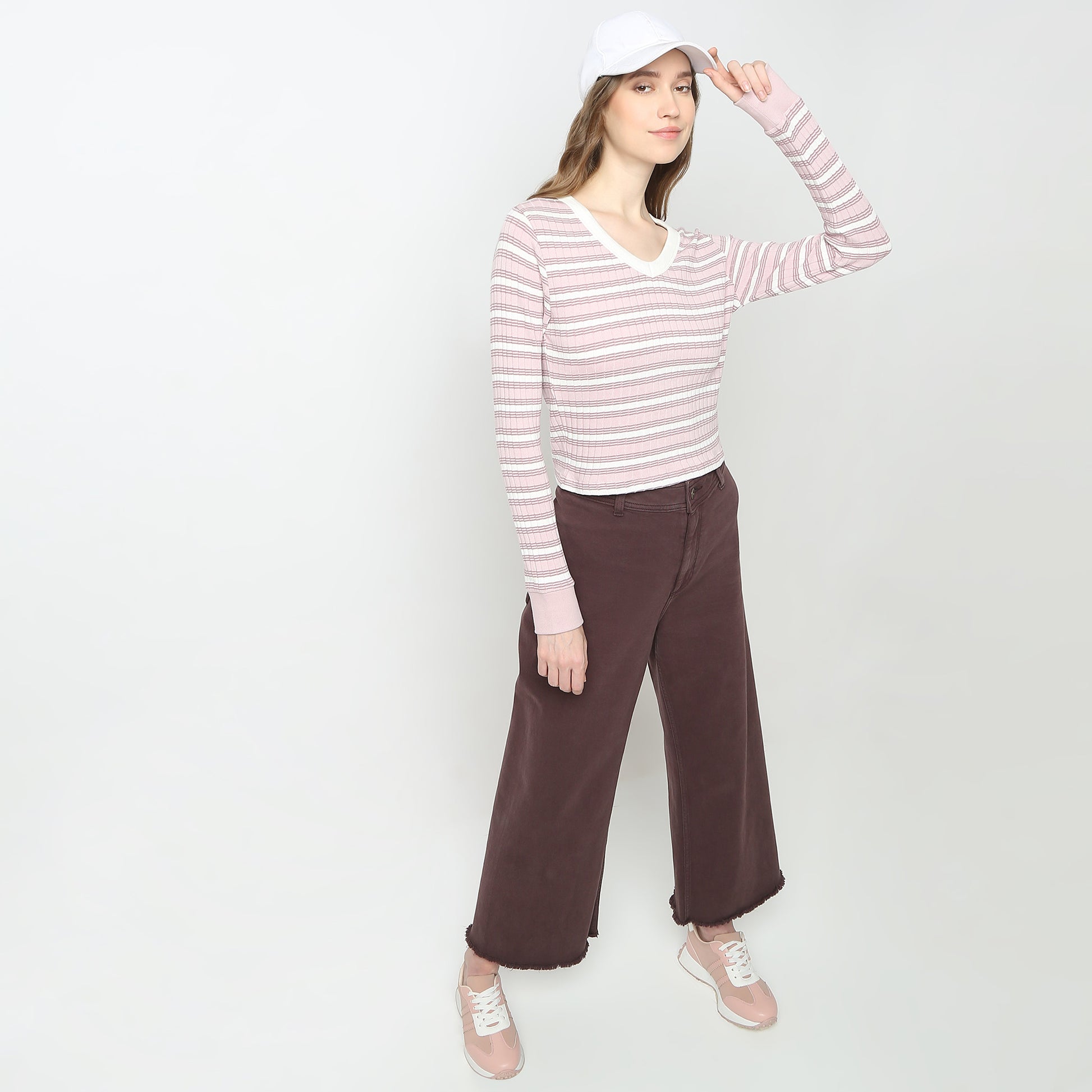 V-Neck Striped Cropped T-Shirt