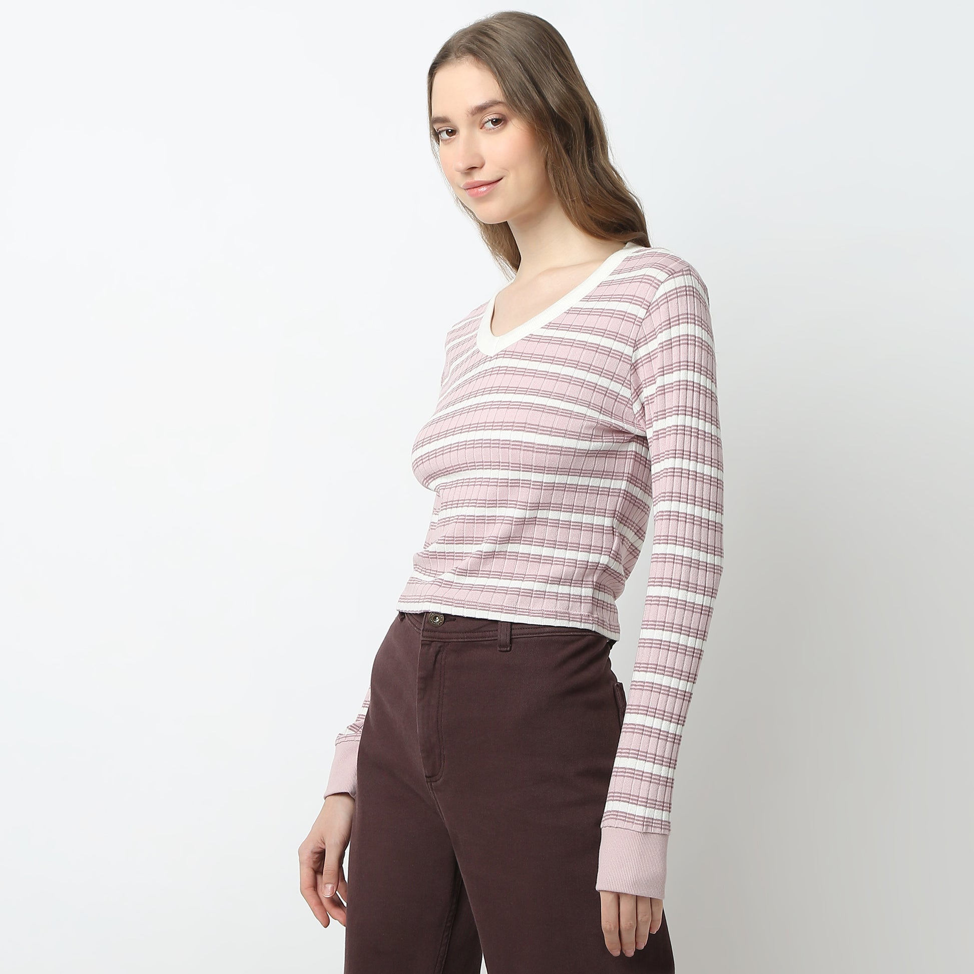 V-Neck Striped Cropped T-Shirt