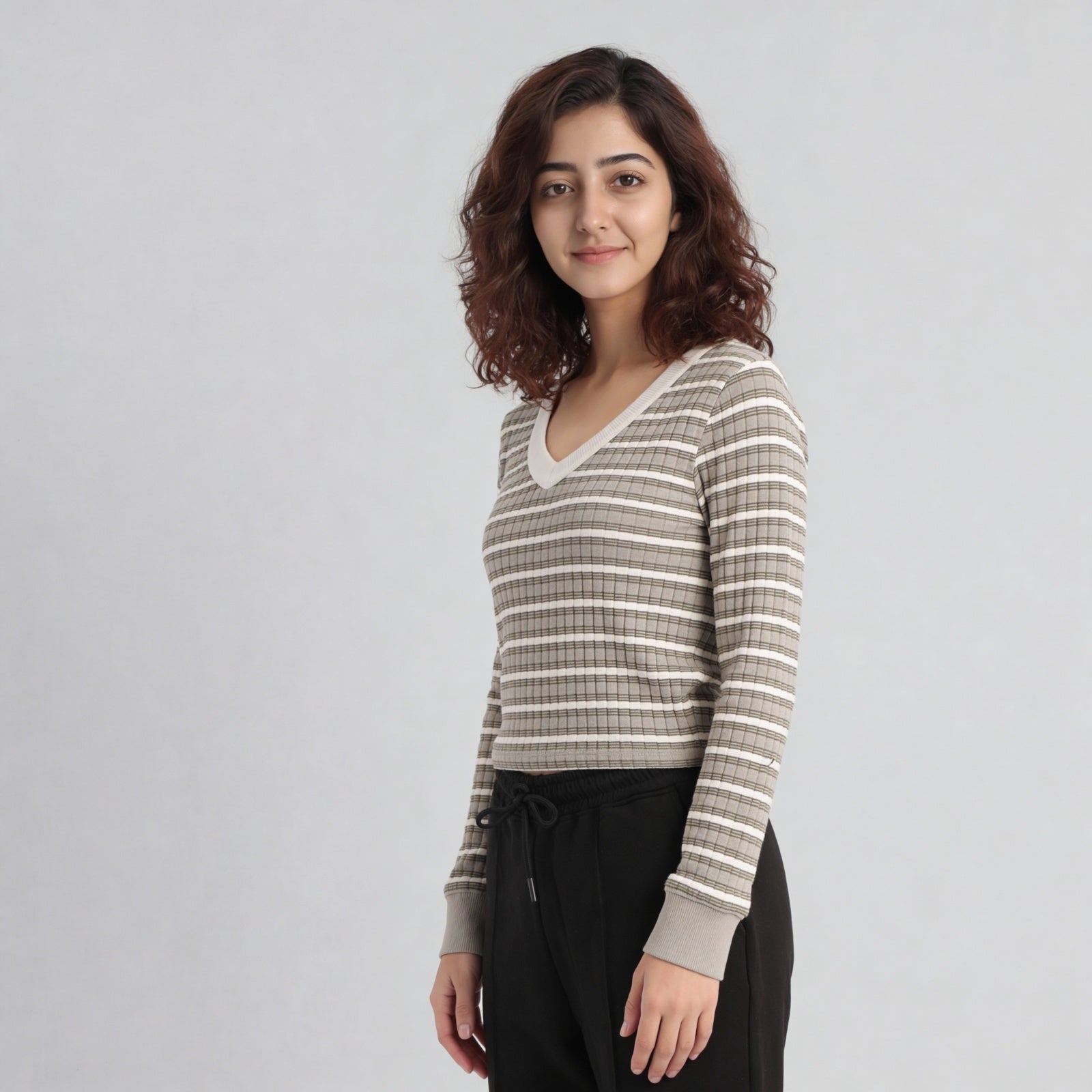 V-Neck Striped Cropped T-Shirt