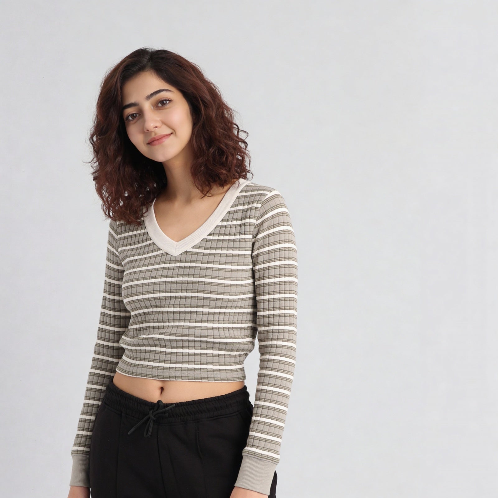 V-Neck Striped Cropped T-Shirt