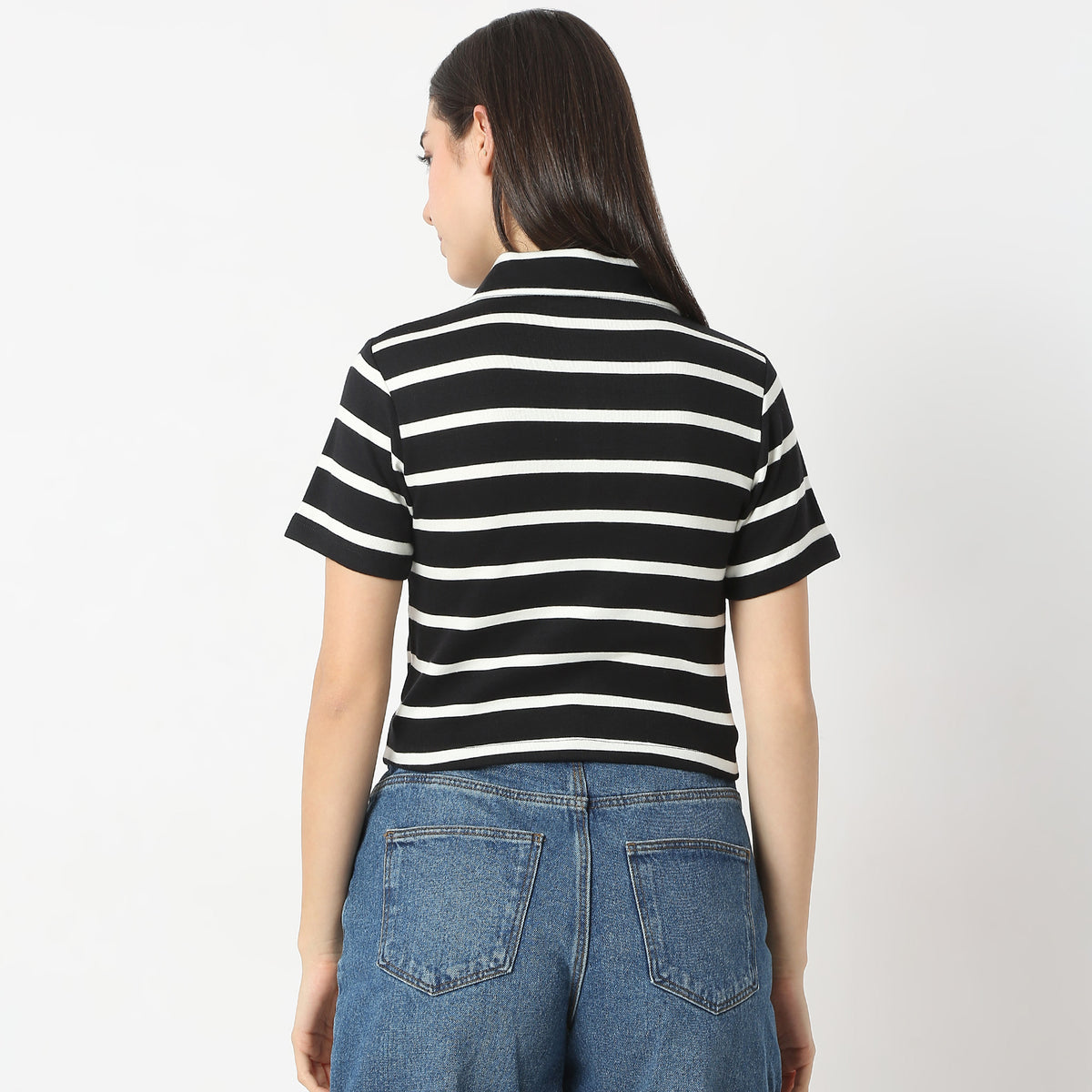 Fitted Striped Polo Neck with Zipper Opening Short Sleeve Crop T-Shirt