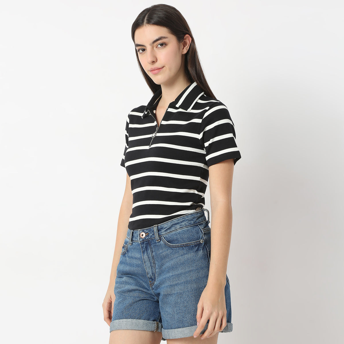 Fitted Striped Polo Neck with Zipper Opening Short Sleeve Crop T-Shirt