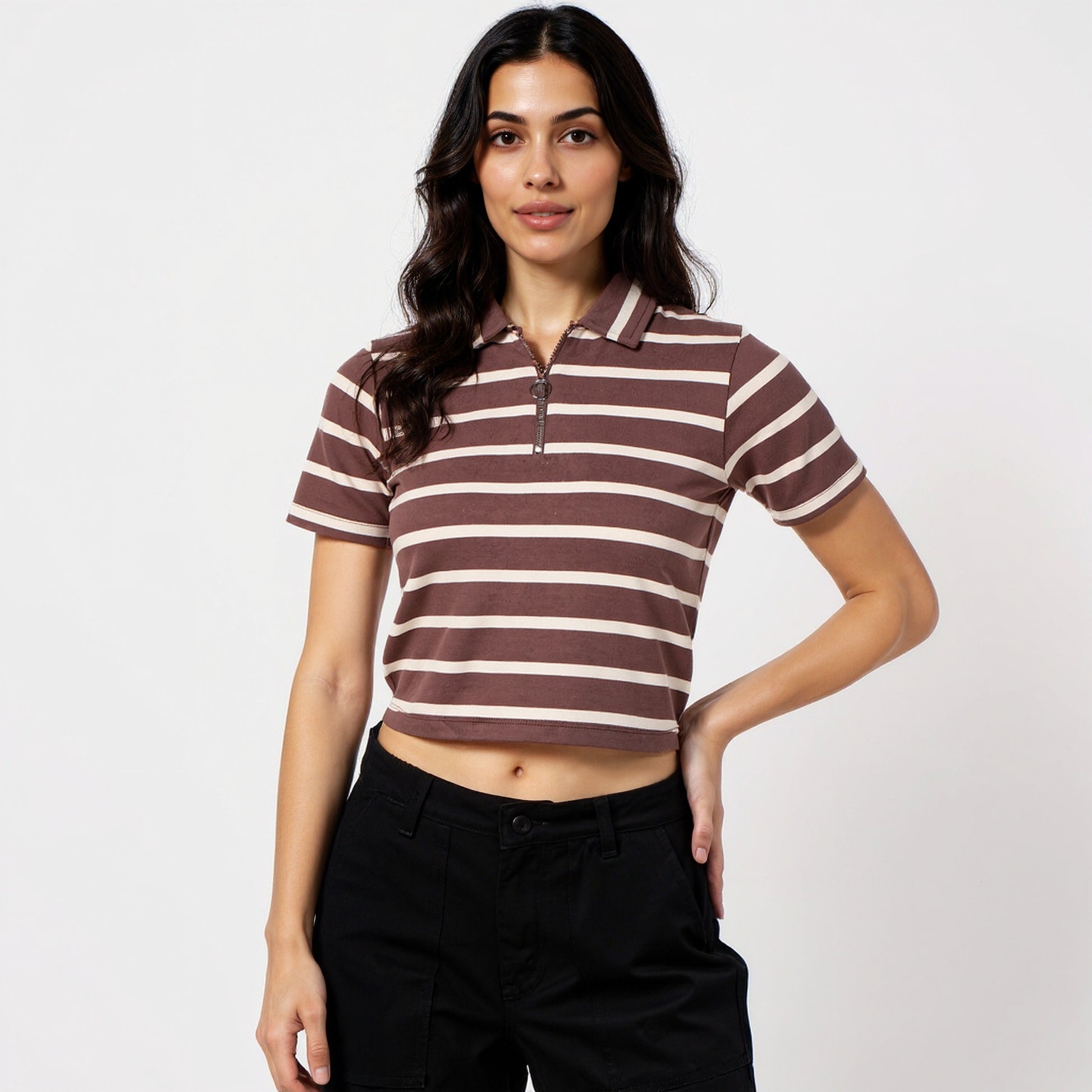 Fitted Striped Polo Neck with Zipper Opening Short Sleeve Crop T-Shirt