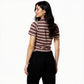 Fitted Striped Polo Neck with Zipper Opening Short Sleeve Crop T-Shirt