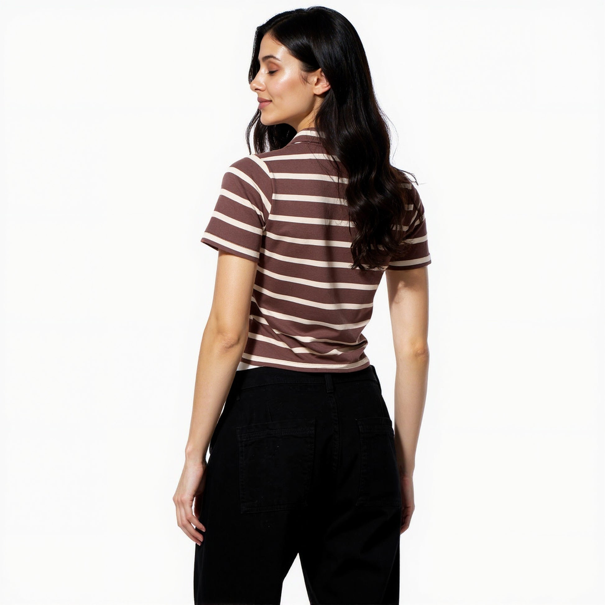 Fitted Striped Polo Neck with Zipper Opening Short Sleeve Crop T-Shirt