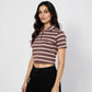 Fitted Striped Polo Neck with Zipper Opening Short Sleeve Crop T-Shirt