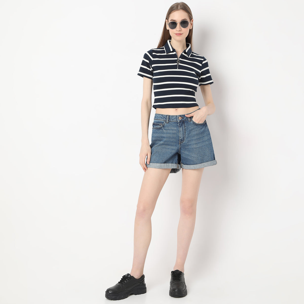 Fitted Striped Polo Neck with Zipper Opening Short Sleeve Crop T-Shirt