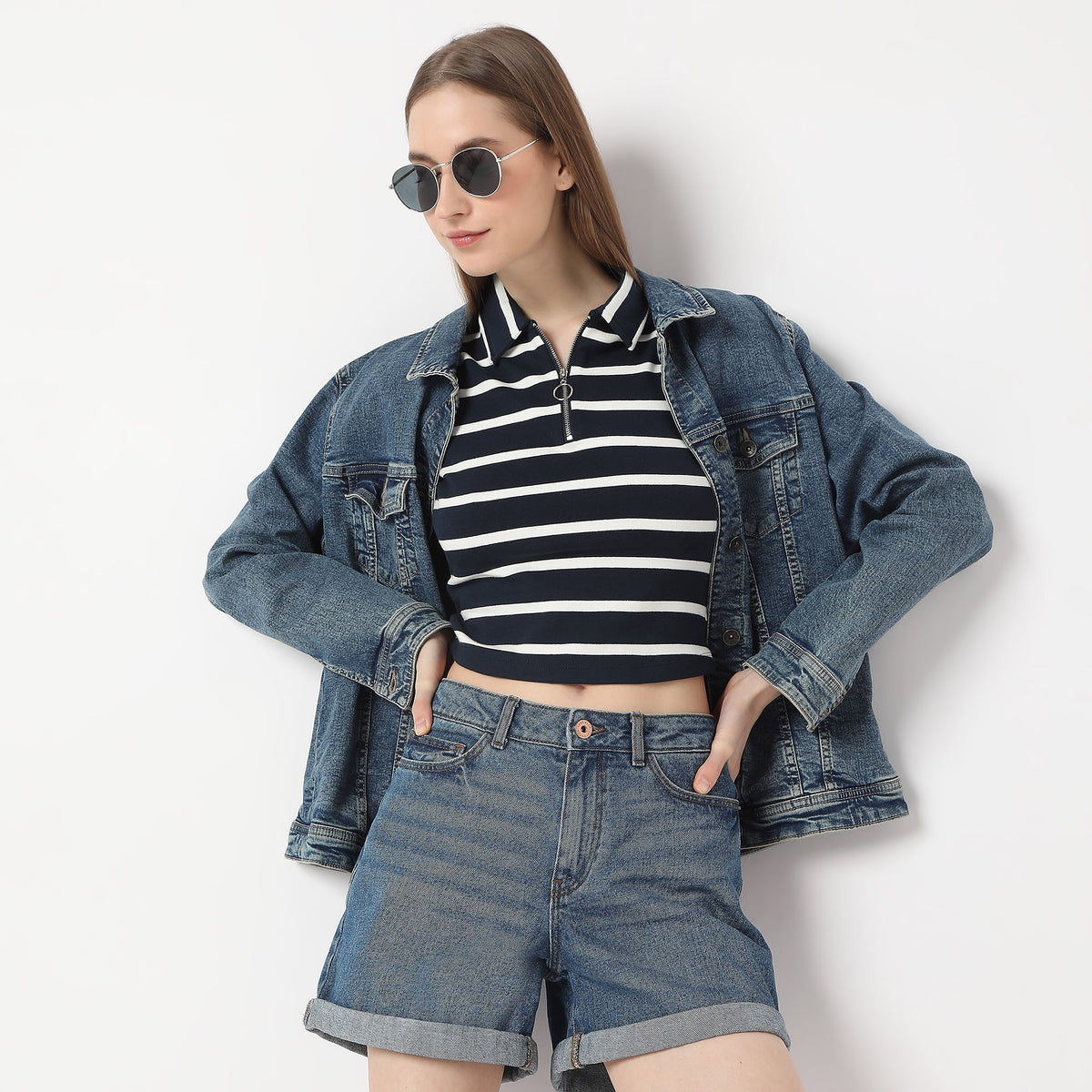 Fitted Striped Polo Neck with Zipper Opening Short Sleeve Crop T-Shirt