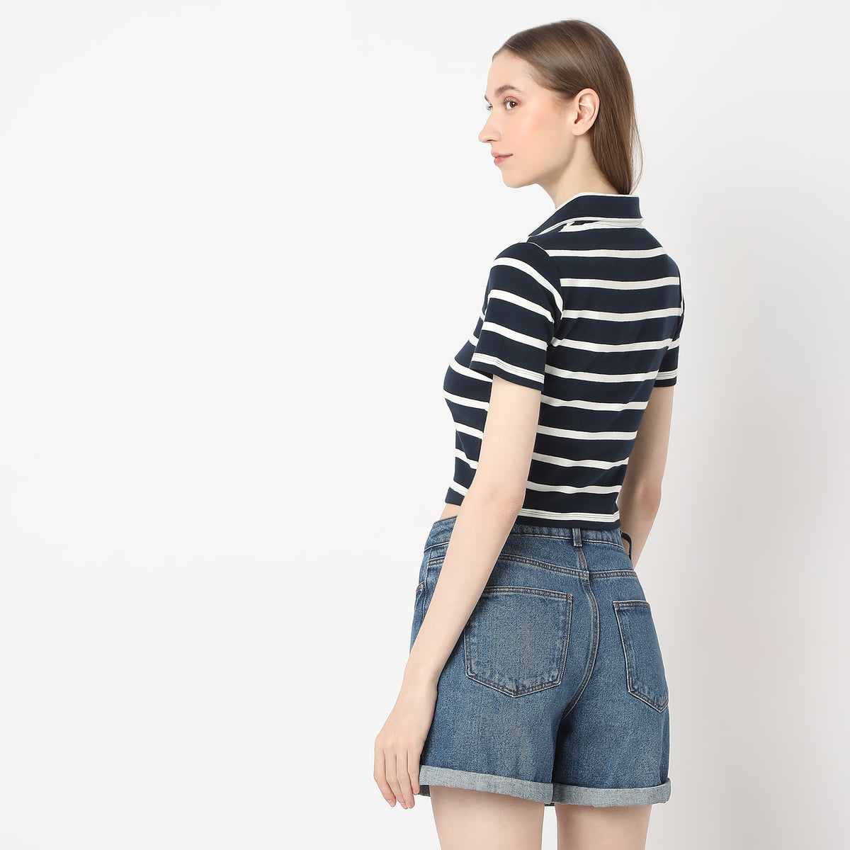 Fitted Striped Polo Neck with Zipper Opening Short Sleeve Crop T-Shirt