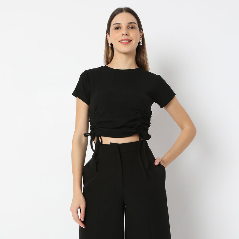 Solid Cropped Knit Ruching T-Shirt