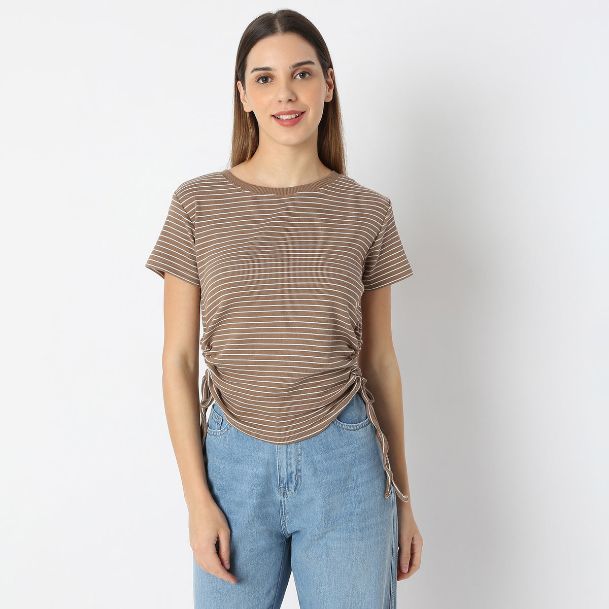 Striped Cropped Side Ruching T-Shirt