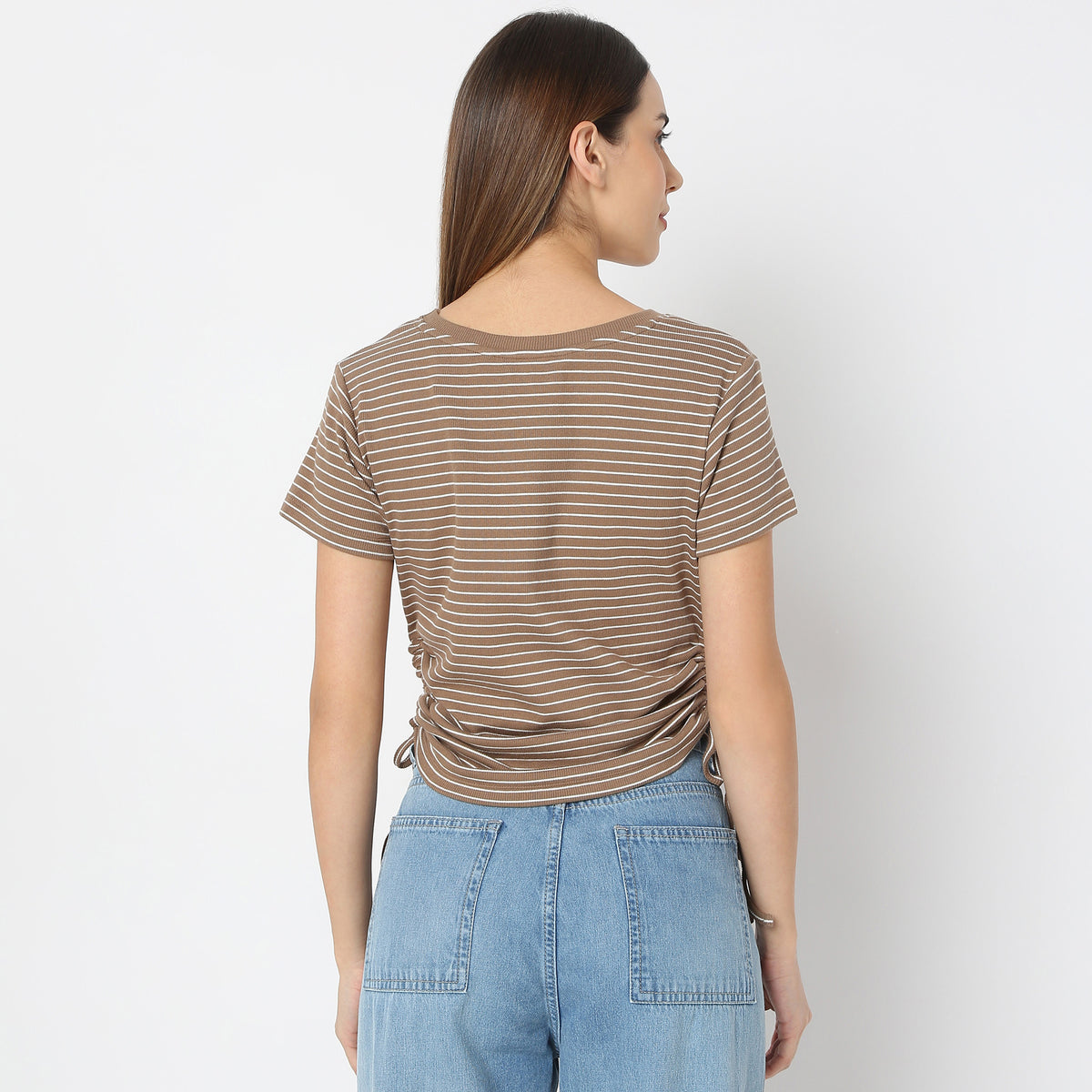 Striped Cropped Side Ruching T-Shirt