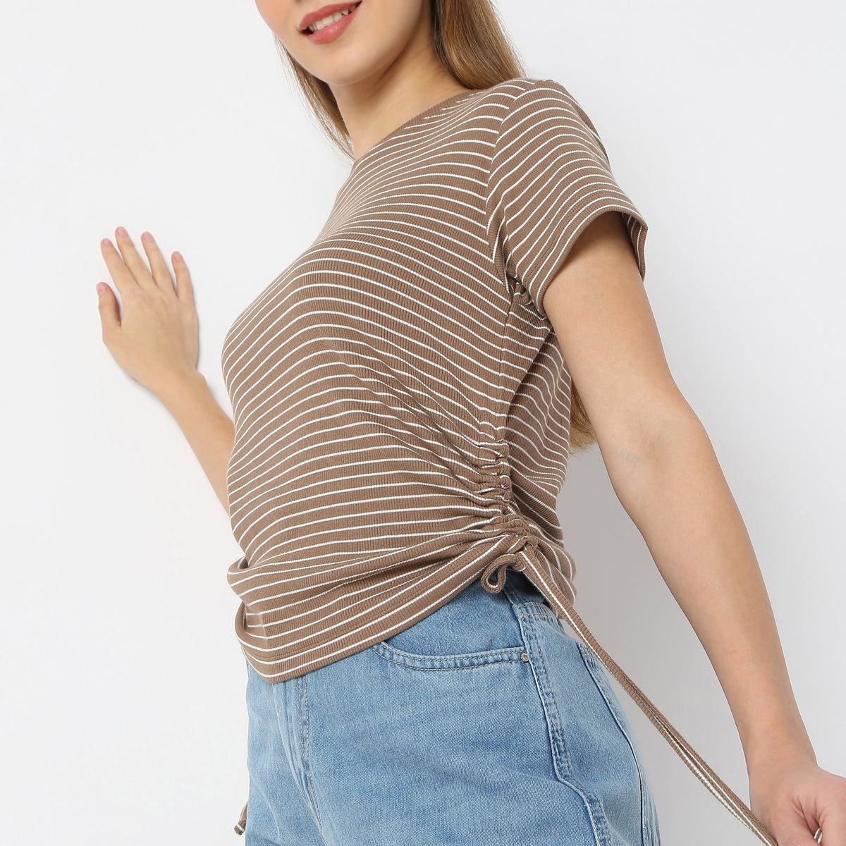 Striped Cropped Side Ruching T-Shirt