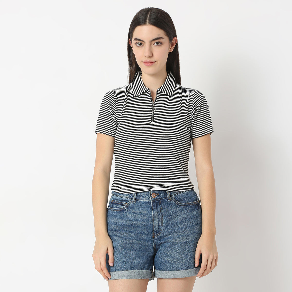 Fitted Striped Polo Neck Betty Partial Zipper Opening T-Shirt