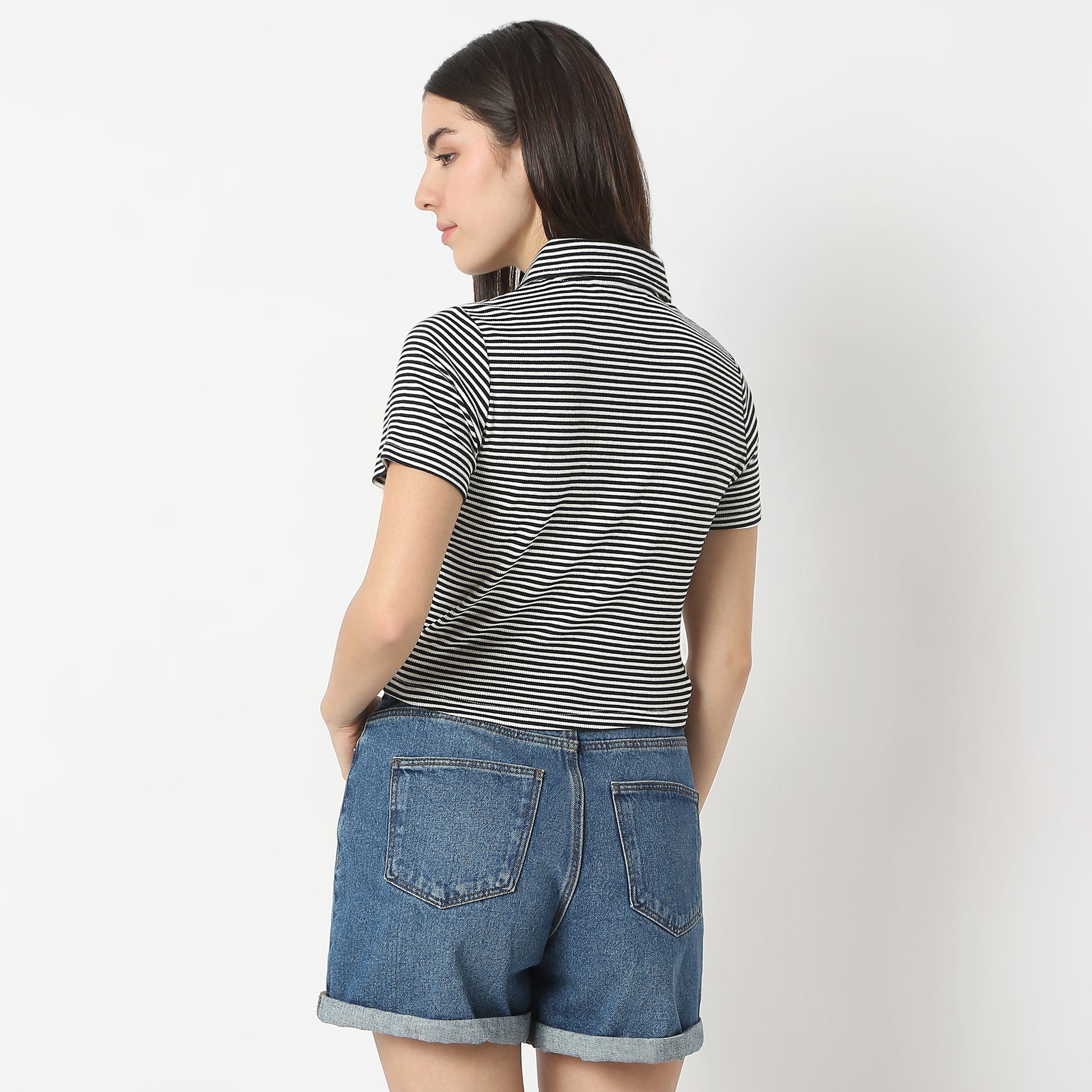 Striped Polo T-Shirt With Mock Neck Zipper